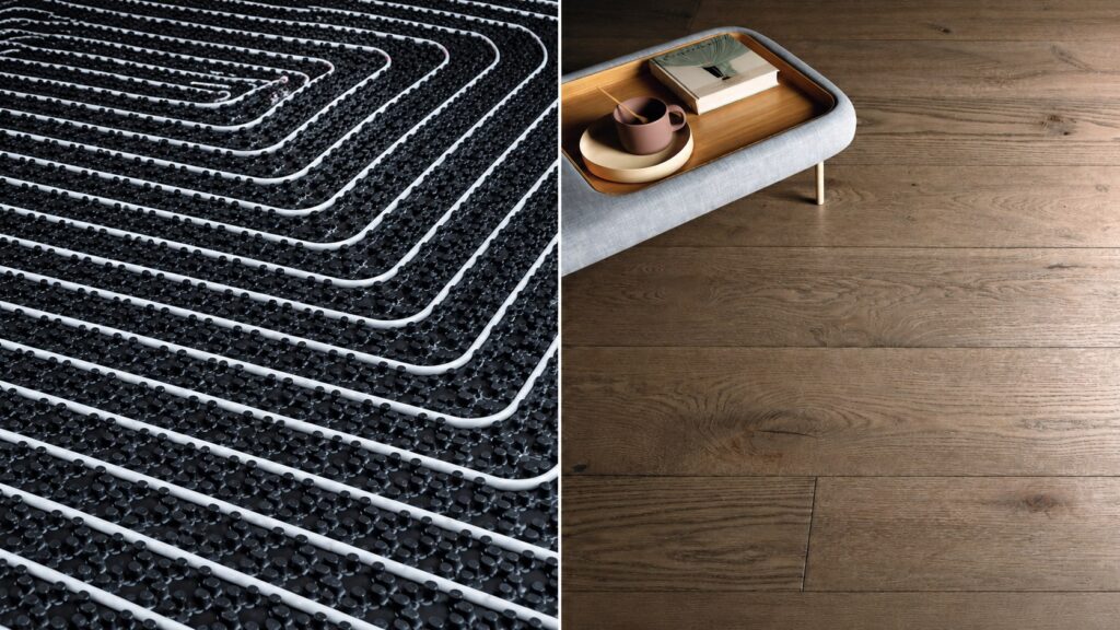Confronto illustrativo: impianto di riscaldamento a pavimento e parquet in rovere finito.