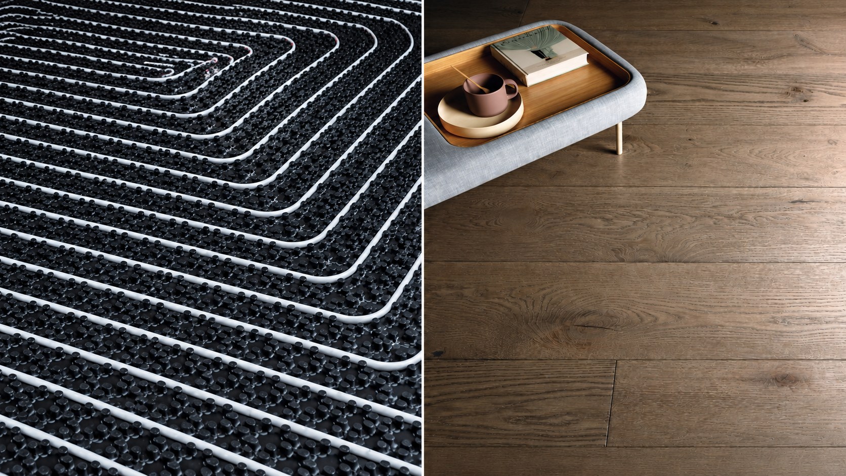 Confronto illustrativo: impianto di riscaldamento a pavimento e parquet in rovere finito.